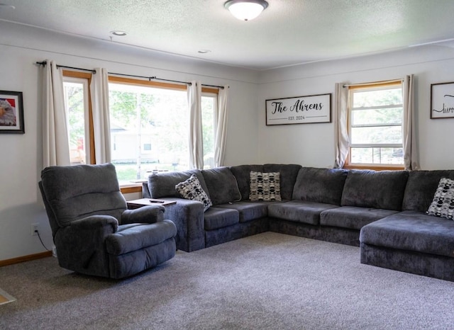 2326 E 39th Ct, Des Moines, IA 50317 - carpeted living area with a textured ceiling