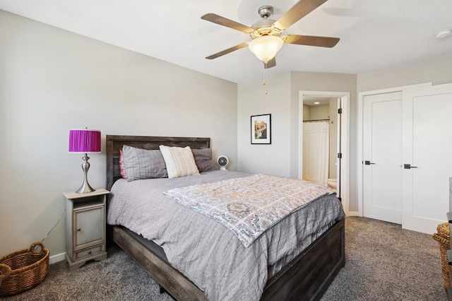 247 Red Oak Ct, Norwalk, IA 50211 - carpeted bedroom with baseboards, a ceiling fan, and connected bathroom