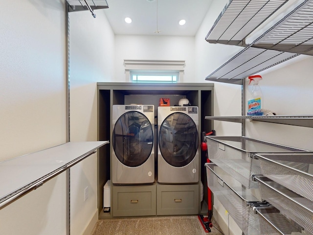 1314 Glenway Dr, Newton, IA 50208 - laundry area with independent washer and dryer, light colored carpet, and recessed lighting