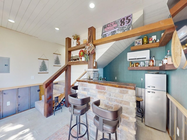 1314 Glenway Dr, Newton, IA 50208 - indoor bar with freestanding refrigerator, electric panel, stairs, a wall unit AC, and recessed lighting