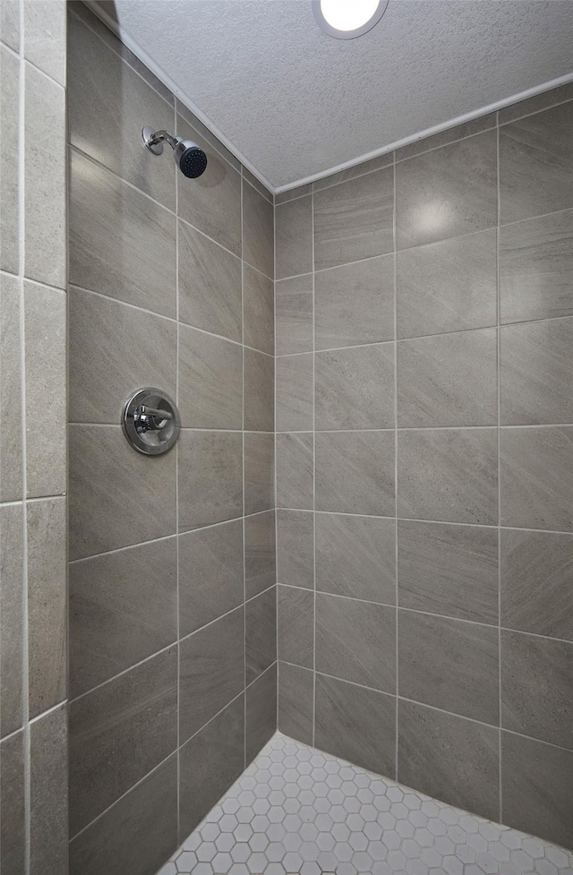 2112 E 23rd St, Des Moines, IA 50317 - bathroom featuring a textured ceiling and a tile shower