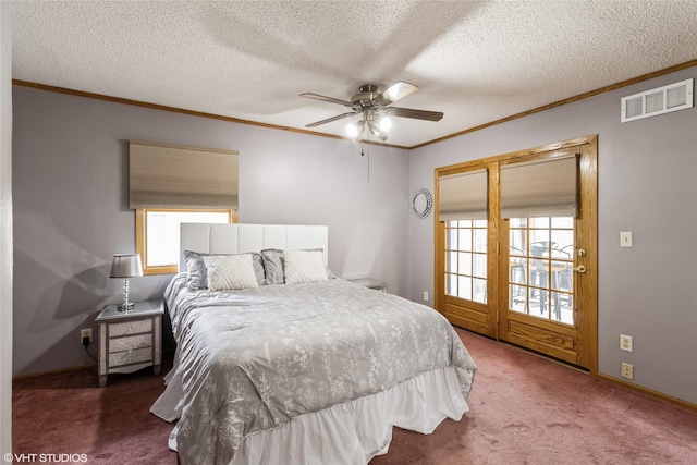 529 NW State St, Ankeny, IA 50023 - bedroom with ornamental molding, carpet, multiple windows, ceiling fan, and a textured ceiling