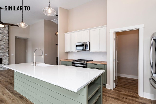 532 Wicker Dr, Huxley, IA 50124 - kitchen with stainless steel appliances, a sink, dark wood-style flooring, white cabinetry, and an island with sink