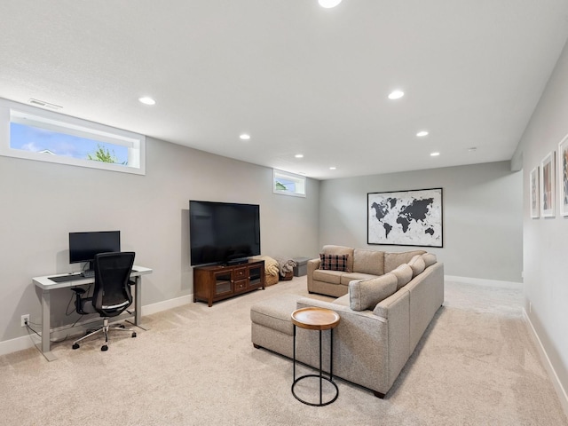 8876 Scarlet Dr, West Des Moines, IA 50266 - carpeted living room with recessed lighting, an office area, and baseboards