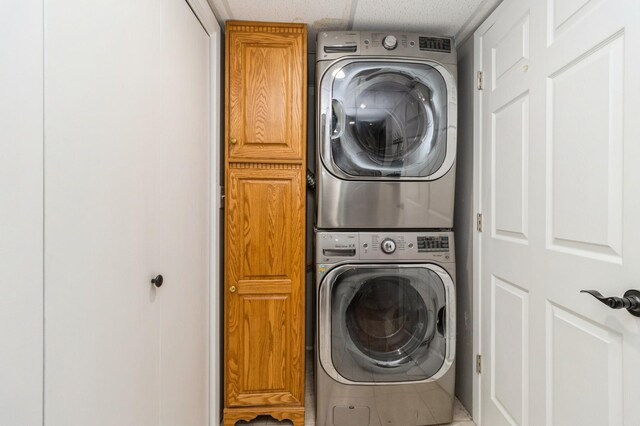 105 S Shore Dr, Montezuma, IA 50171 - laundry area featuring cabinet space and stacked washer and clothes dryer