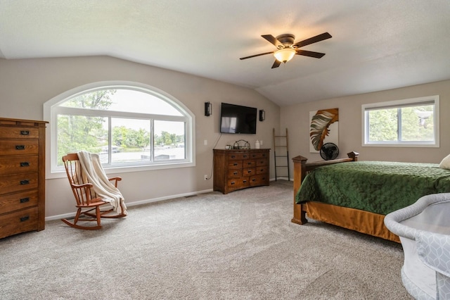 105 S Shore Dr, Montezuma, IA 50171 - bedroom featuring lofted ceiling, carpet floors, baseboards, and ceiling fan