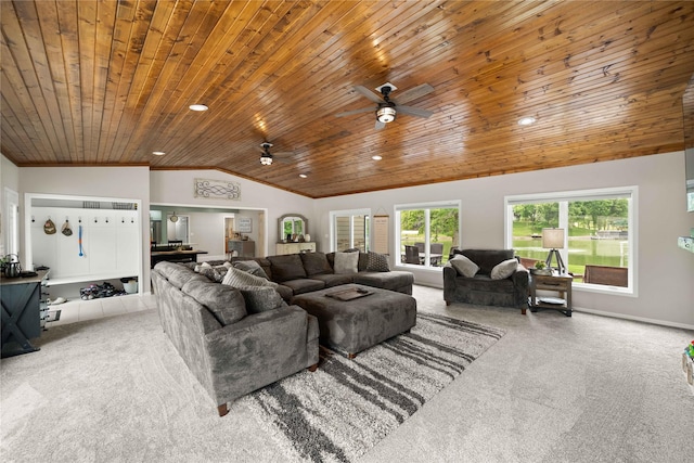 105 S Shore Dr, Montezuma, IA 50171 - carpeted living area with wood ceiling, vaulted ceiling, a ceiling fan, and recessed lighting