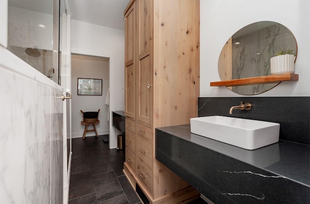 2606 Forest Dr, Des Moines, IA 50312 - bathroom featuring a walk in shower, vanity, and tile patterned flooring