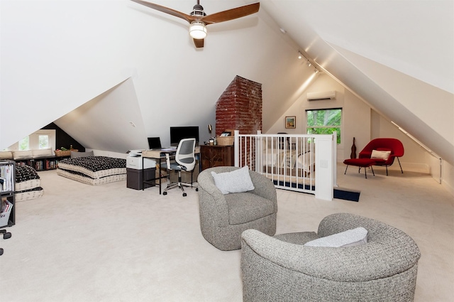 2606 Forest Dr, Des Moines, IA 50312 - carpeted office featuring lofted ceiling, a ceiling fan, and a wall mounted air conditioner