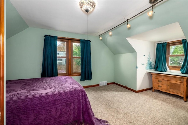 862 40th Pl, Des Moines, IA 50312 - carpeted bedroom featuring vaulted ceiling, rail lighting, and baseboards