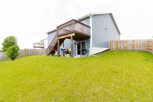2357 Shadow Creek Cir, Des Moines, IA 50320 - back of property featuring a wooden deck, a fenced backyard, and stairs