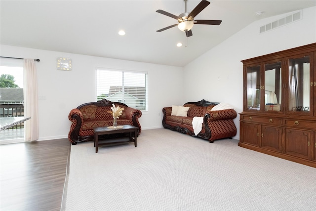2357 Shadow Creek Cir, Des Moines, IA 50320 - living room featuring lofted ceiling, a ceiling fan, baseboards, recessed lighting, and wood finished floors