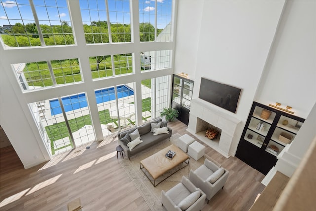 3834 NW 177th Ct, Clive, IA 50325 - living area with a high ceiling, wood finished floors, and a lit fireplace