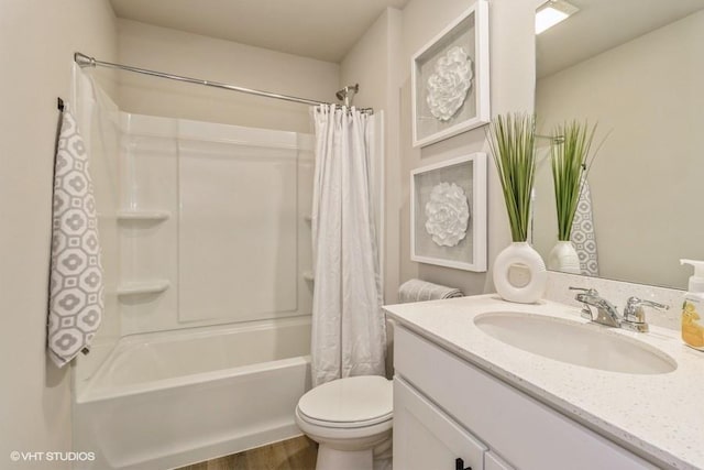 14225 Walnut Meadows Dr, Urbandale, IA 50323 - bathroom with vanity, shower / bathtub combination with curtain, toilet, and wood finished floors