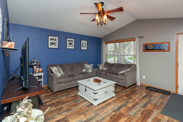 2518 E 39th Ct, Des Moines, IA 50317 - living room featuring a ceiling fan, lofted ceiling, wood finished floors, and baseboards