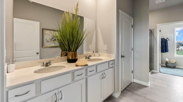 1004 NE 12th St, Grimes, IA 50111 - full bath with double vanity, a shower with shower door, a closet, and wood finished floors