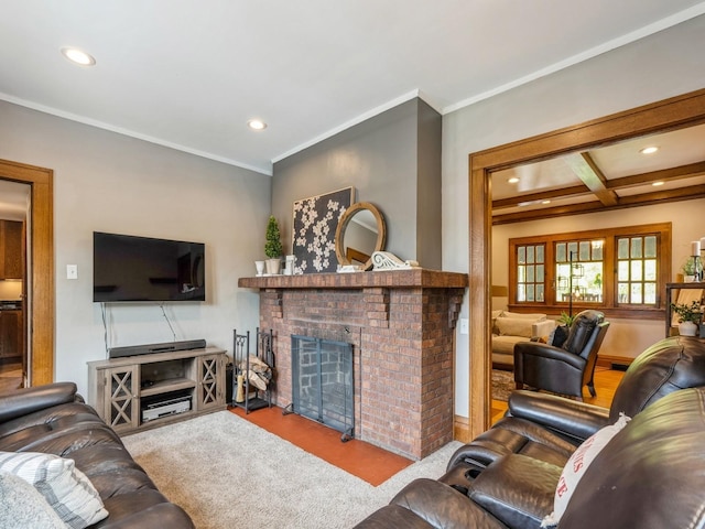 912 45th St, Des Moines, IA 50312 - living area with recessed lighting, a brick fireplace, and crown molding