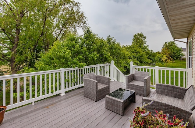 604 SE 18th St, Grimes, IA 50111 - wooden deck featuring an outdoor hangout area and a lawn