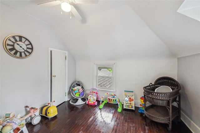 2419 30th St, Des Moines, IA 50310 - recreation room featuring lofted ceiling, hardwood / wood-style flooring, and ceiling fan