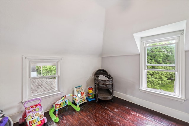2419 30th St, Des Moines, IA 50310 - recreation room featuring hardwood / wood-style floors, baseboards, and lofted ceiling