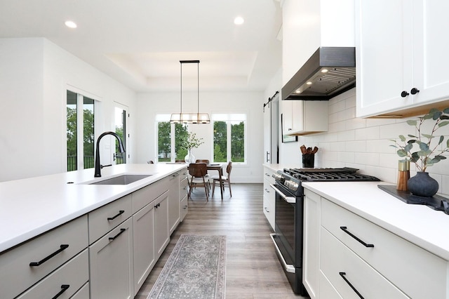 8019 NW 106th Ct, Johnston, IA 50131 - kitchen with gas range oven, premium range hood, a sink, light countertops, and decorative backsplash