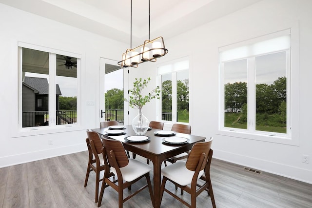 8019 NW 106th Ct, Johnston, IA 50131 - dining space featuring light wood finished floors, baseboards, and ceiling fan