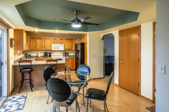 1804 W Cheyenne Ct, Polk City, IA 50226 - dining space featuring arched walkways, ceiling fan, and light wood-style floors