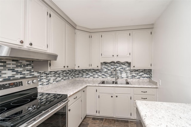 3426 N Union St, Des Moines, IA 50316 - kitchen featuring electric stove, under cabinet range hood, a sink, and light countertops