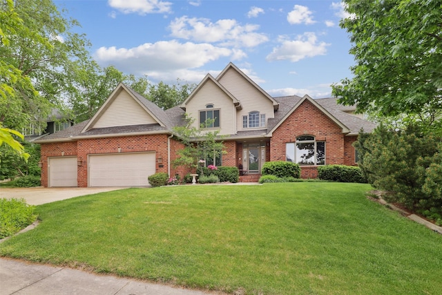 6909 Capitol View Ct, Johnston, IA 50131 - traditional-style house featuring brick siding, a garage, a front yard, and roof with shingles