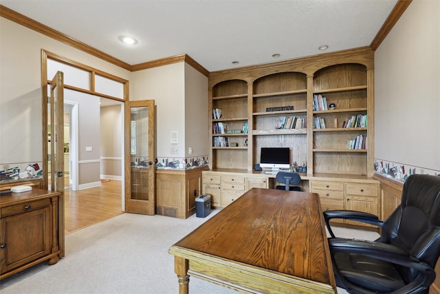 6909 Capitol View Ct, Johnston, IA 50131 - office area with ornamental molding, french doors, light colored carpet, and baseboards