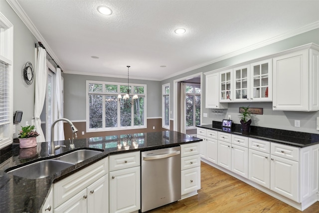6909 Capitol View Ct, Johnston, IA 50131 - kitchen featuring stainless steel dishwasher, a sink, a chandelier, white cabinets, and glass insert cabinets