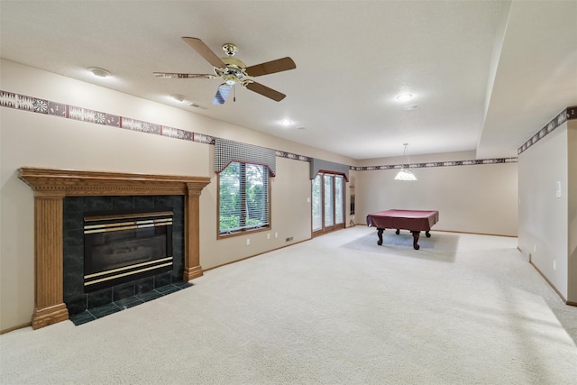 6909 Capitol View Ct, Johnston, IA 50131 - playroom featuring carpet flooring, ceiling fan, pool table, and baseboards