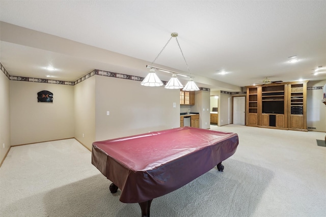 6909 Capitol View Ct, Johnston, IA 50131 - recreation room featuring carpet flooring, billiards table, ceiling fan, and baseboards