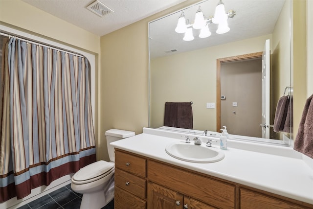 6909 Capitol View Ct, Johnston, IA 50131 - bathroom with toilet, vanity, tile patterned floors, a shower with curtain, and a textured ceiling