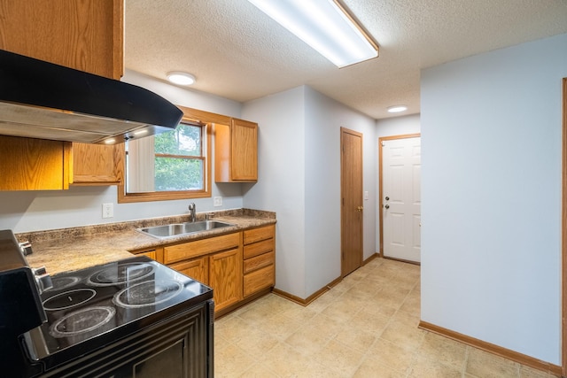 1540 8th St, Des Moines, IA 50314 - kitchen featuring electric range, range hood, and a textured ceiling