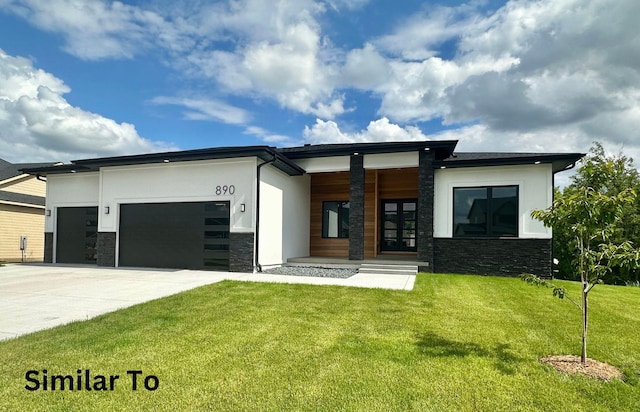 1410 NW Bull Run Ct, Waukee, IA 50263 - view of front facade featuring stone siding, a garage, a front yard, concrete driveway, and stucco siding