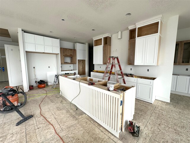 1410 NW Bull Run Ct, Waukee, IA 50263 - kitchen with a textured ceiling, white cabinetry, a center island, and open shelves