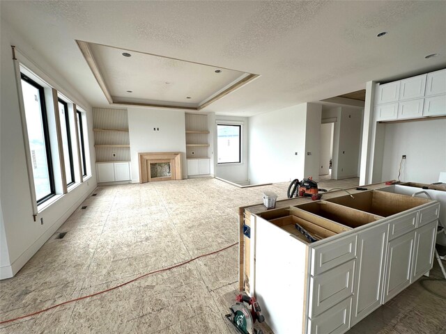 1410 NW Bull Run Ct, Waukee, IA 50263 - kitchen with a textured ceiling, a tray ceiling, open floor plan, and white cabinetry