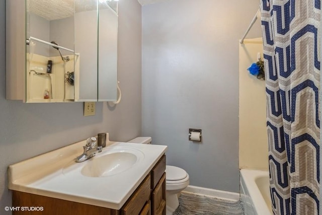 201 Main St, New Virginia, IA 50210 - full bathroom with toilet, vanity, baseboards, and shower / tub combo with curtain