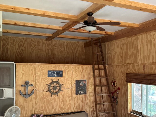 3170 Morman Trl, Ellston, IA 50074 - detailed view of ceiling fan, coffered ceiling, beam ceiling, and wood walls