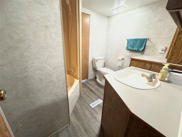 3170 Morman Trl, Ellston, IA 50074 - bathroom with wood finished floors, vanity, toilet, and washtub / shower combination