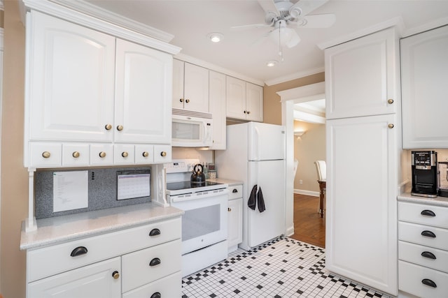 2403 Guenever Ct, Altoona, IA 50009 - kitchen featuring white appliances, light countertops, white cabinetry, ceiling fan, and light tile patterned floors