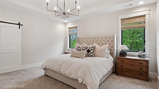 815 S Kingswood Ct, West Des Moines, IA 50266 - bedroom with light colored carpet, a barn door, a chandelier, baseboards, and recessed lighting
