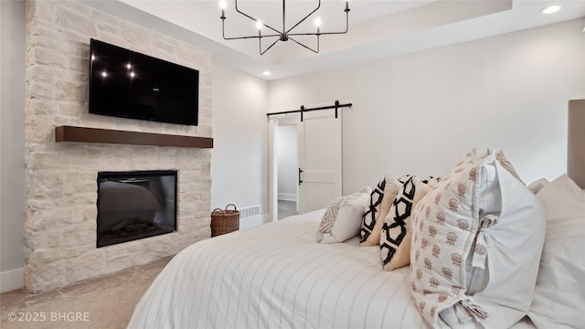 815 S Kingswood Ct, West Des Moines, IA 50266 - bedroom featuring carpet, a barn door, recessed lighting, a chandelier, and baseboards