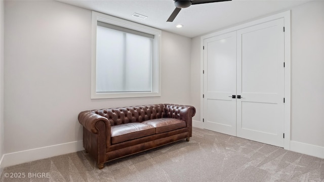 815 S Kingswood Ct, West Des Moines, IA 50266 - living area with baseboards, carpet, a ceiling fan, and recessed lighting