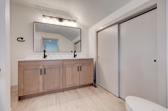 801 SE 5th St, Grimes, IA 50111 - bathroom with vaulted ceiling, double vanity, wood finished floors, toilet, and a textured ceiling