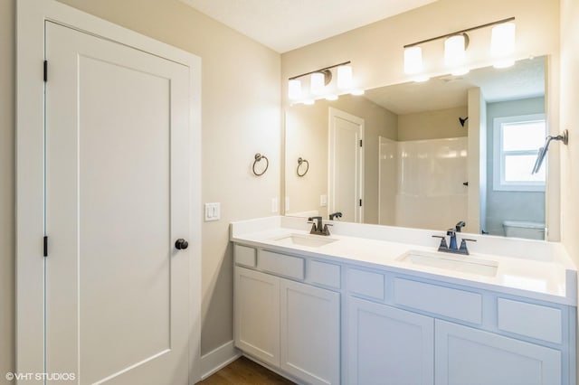 3002 6th Ave SW, Altoona, IA 50009 - bathroom featuring a shower, double vanity, toilet, and baseboards