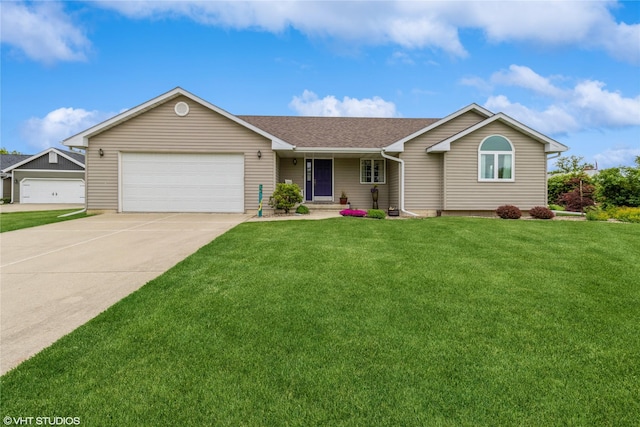408 W 13th St N, Newton, IA 50208 - ranch-style house with a garage, driveway, a front lawn, and roof with shingles