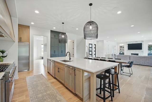 1004 NW Hugg Dr, Polk City, IA 50226 - kitchen with a sink, high quality appliances, an island with sink, a fireplace, and light wood-type flooring