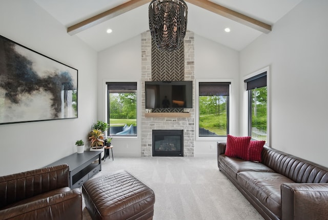 1004 NW Hugg Dr, Polk City, IA 50226 - living room with carpet flooring, plenty of natural light, a fireplace, a chandelier, and recessed lighting